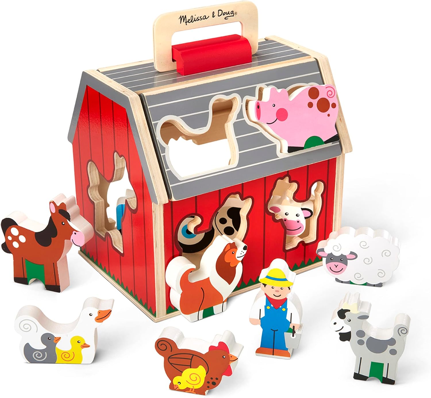 Melissa & Doug Wooden Take-Along Sorting Barn Toy with Flip-Up Roof and Handle, 10 Wooden Farm Play Pieces