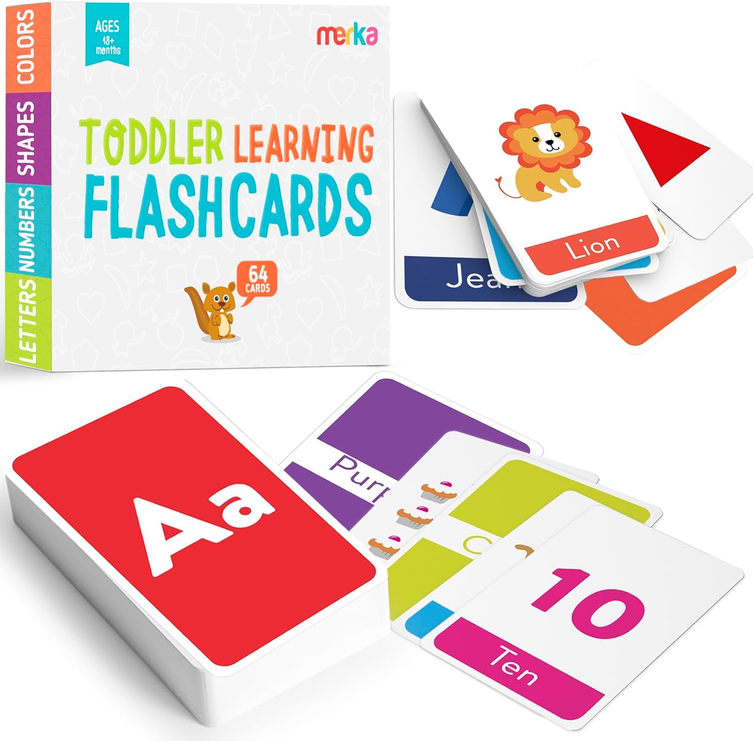 merka Toddler Flash Cards Alphabet, Double-sided Flash Cards for Toddlers 1-4 Years, Set of 64 Letters, Colors, Shapes and Numbers, Learning Toy Educational Preschool Toddler Flashcards