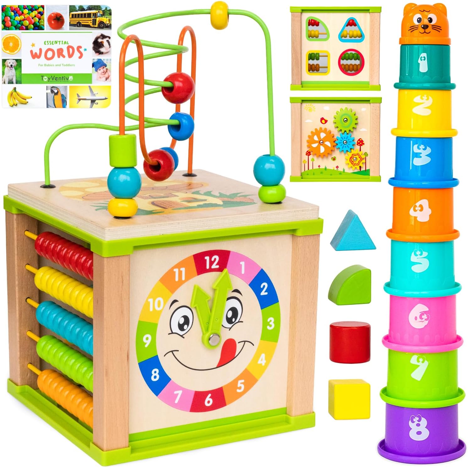 TOYVENTIVE Wooden Activity Cube, Montessori Toys, Multipurpose Educational Sensory Toy for 1-2 Year Old Baby, Toddler, Kid, Boy | Birthday Gift | Bonus First Words Book