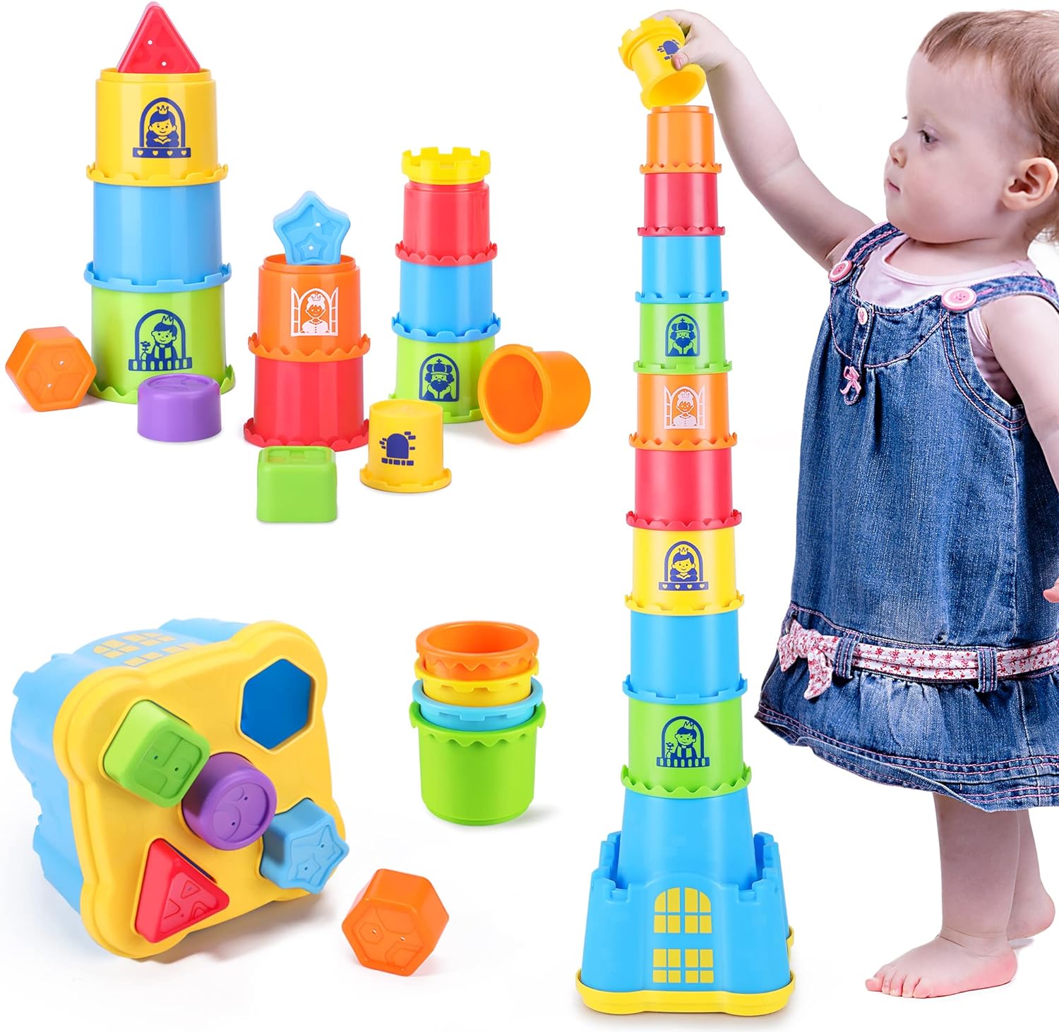 iPlay, iLearn Baby Stacking Toys, Toddler Nesting Stack Cups, Infant Stackable Block, Kids Sorting Game W/Shape Sorter for Sand Bath, Birthday Gift for 12 18 24 Month 1 2 3 Year Old Boys Girls