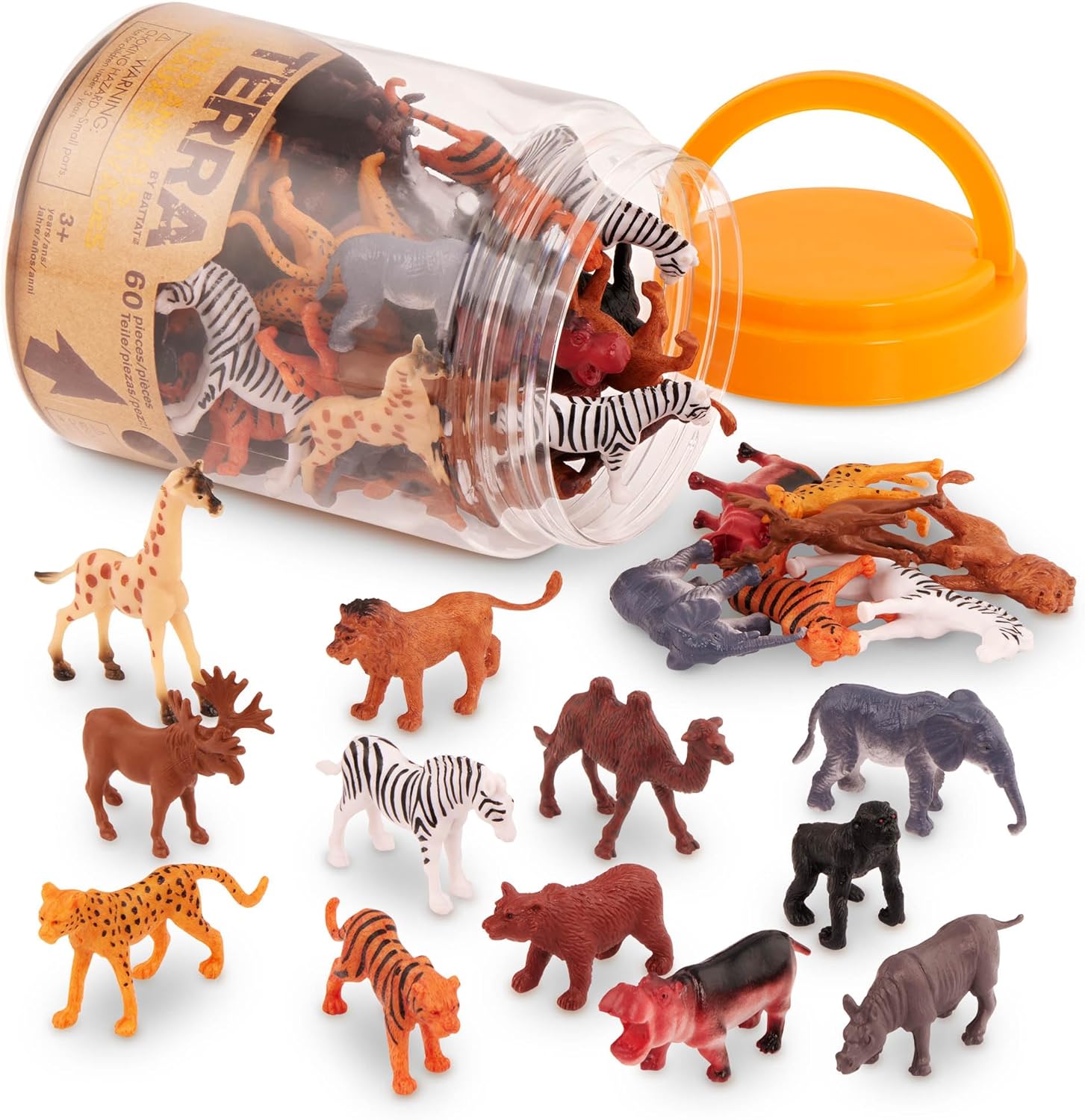 Terra by Battat – 60 Pcs Wild Creatures Tube – Realistic Mini Animal Figurines – Lion, Hippo, Tiger, Bear & More Safari Animals – Plastic Educational Toys for Kids and Toddlers 3 Years +