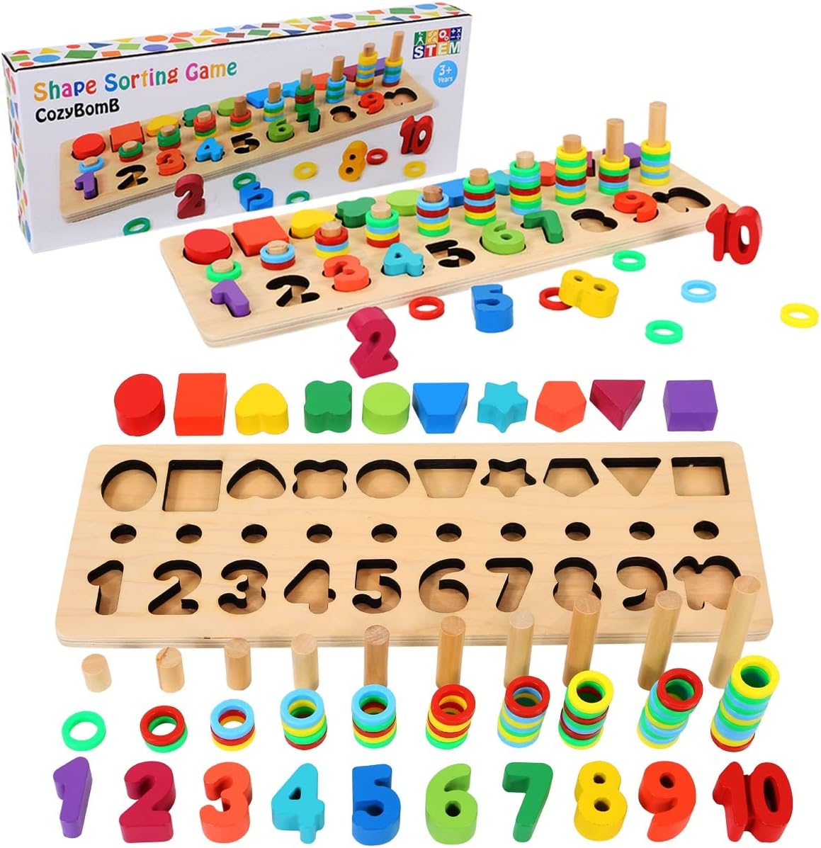 CozyBomB™ Wooden Number Puzzle Sorting Montessori Toys for 1 Year Old Toddlers - Shape Sorter Counting Game for age 3 4 5 year olds, Preschool Education Math Stacking Block Learning Wood Chunky Jigsaw