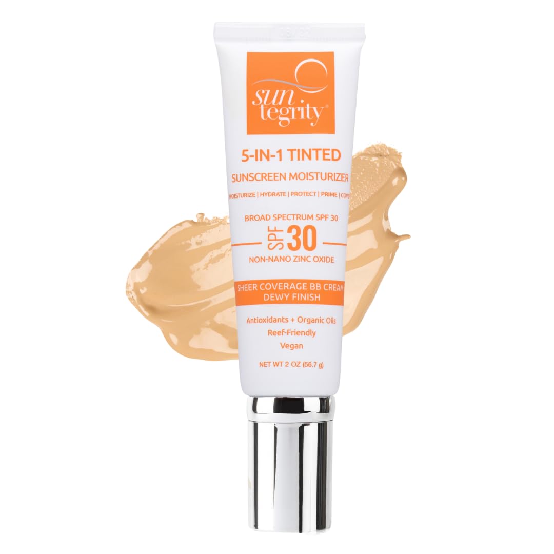 Suntegrity Tinted 5 in 1 Mineral Sunscreen for Face (SPF 30-2 oz) - Golden Light | BB Cream Moisturizer with Physical UVA/UVB Broad Spectrum Protection | Safe for Sensitive Skin