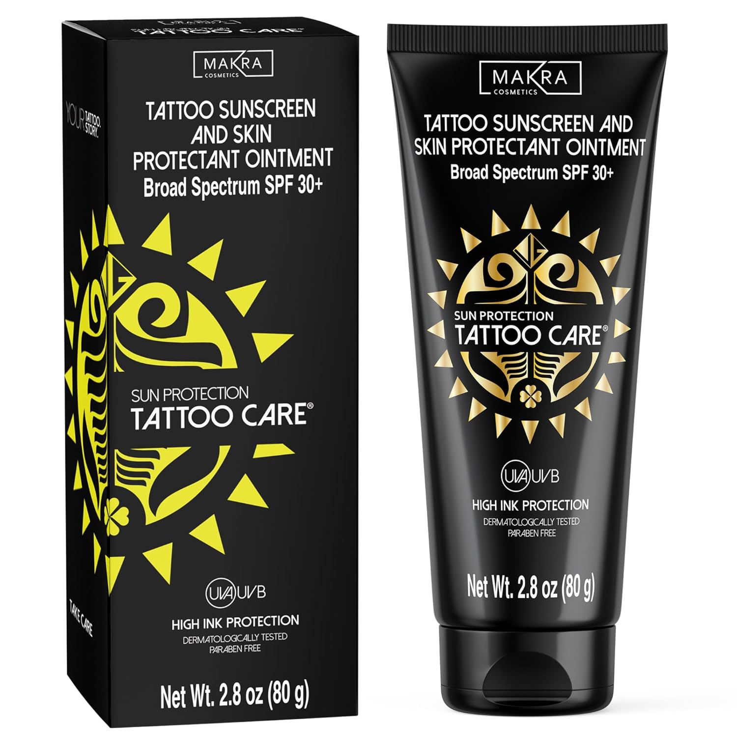 Makra Tattoo Care Sunscreen – SPF 30+ Ointment for Tattoo Sun Protection - UVA/UVB Protection - Deeply Moisturizes and Protects Ink Against Fading - Enhances Colors, Water Resistant - 2.8 Oz/80 g