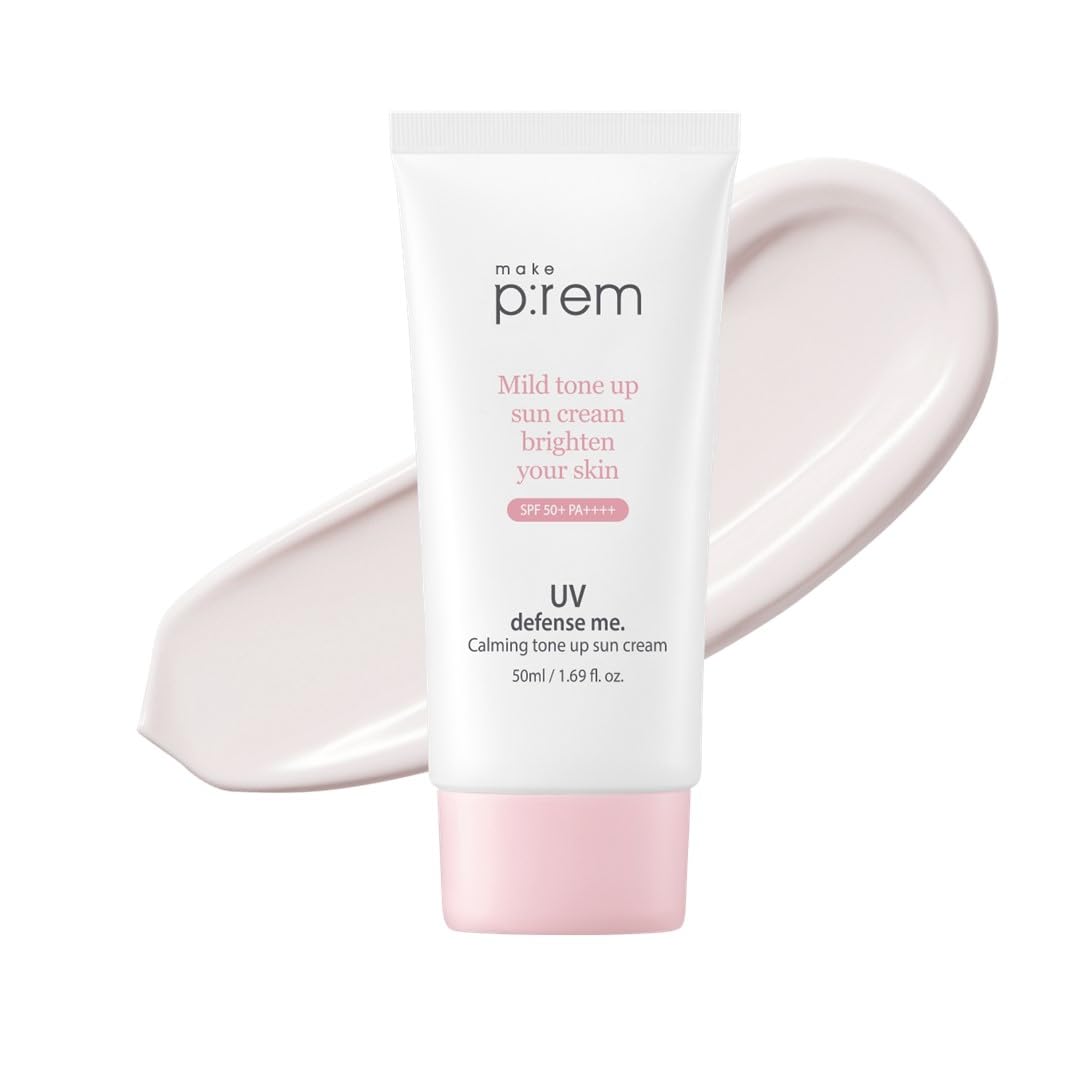 MAKE P:REM UV Defense Me. Calming Tone Up Sun Cream, Korean Sunscreen, Reef Safe Sunscreen, Non Nano Zinc Oxide, Chemical Free, Non Greasy Sunscreen SPF 50, 50ml, 1.69 Fl.Oz.