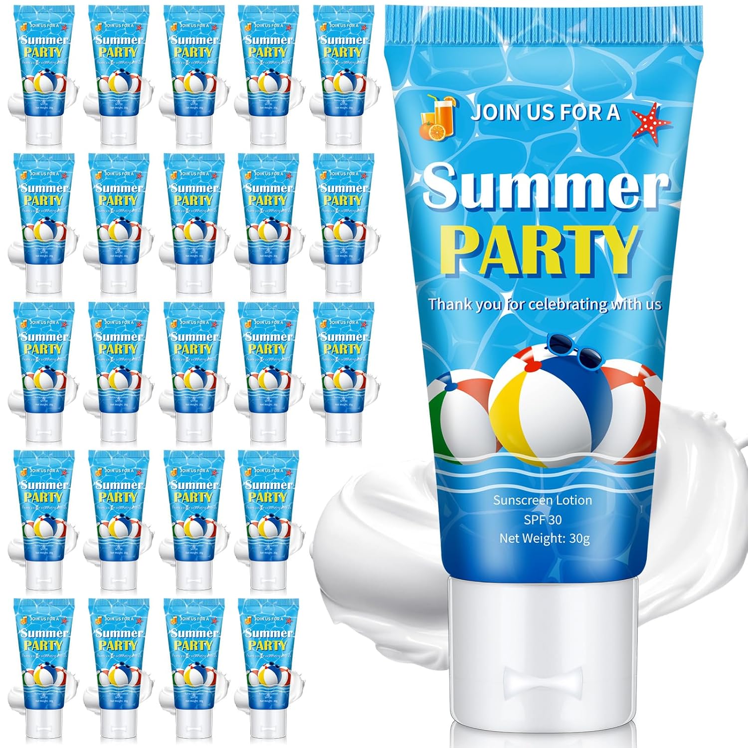 24 Pcs Mini Sunscreen Bulk for Summer Wedding Party Spf 30 Water Resistant Sunscreen Lotion Bulk 1oz Travel Size for Thank You Gifts Summer Wedding Party Supplies (White Cream,Beach Ball)