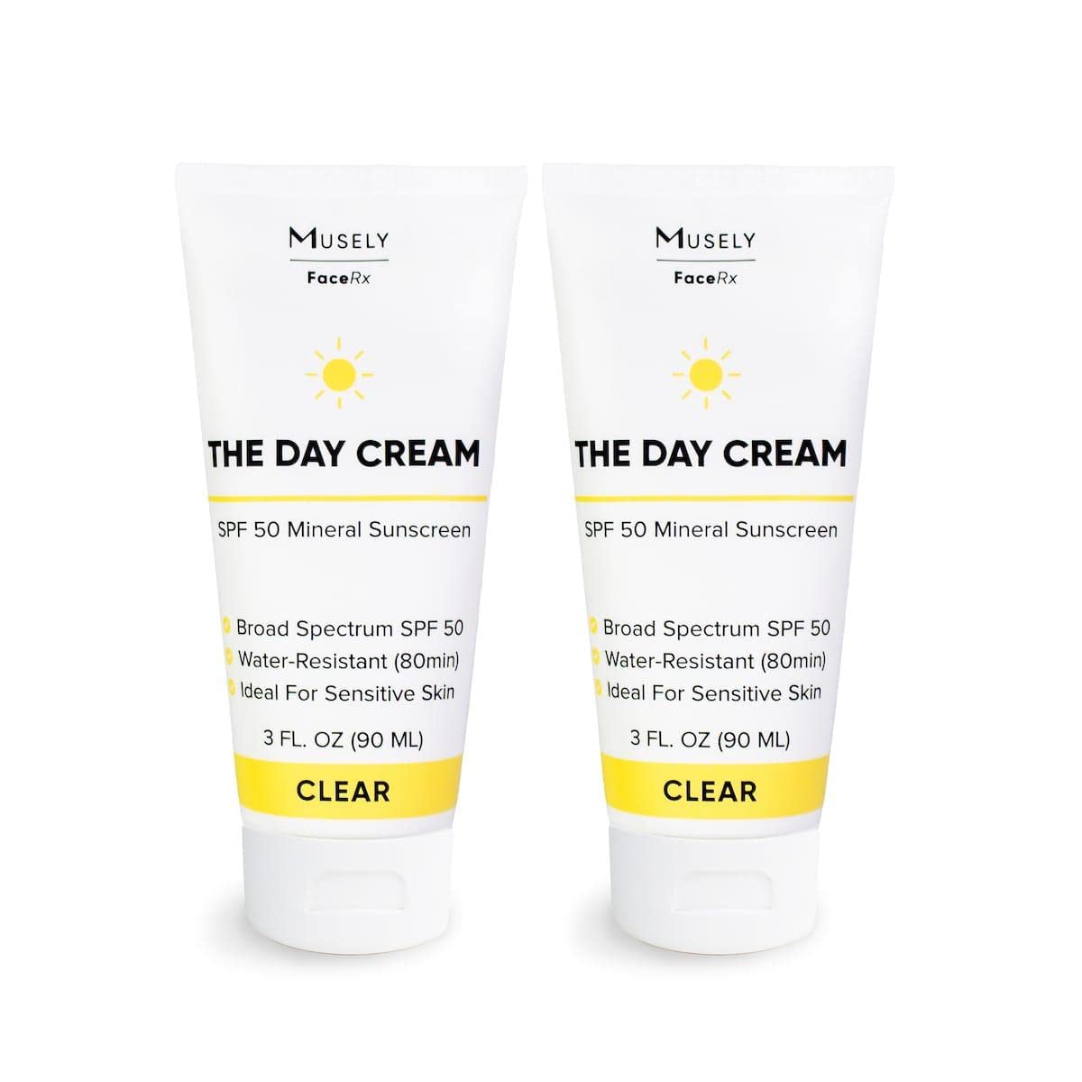 Musely Day Cream Mineral SPF 50, Clinical Grade Sunscreen, Broad-Spectrum, Water Resistant, 3 Fl Oz, Clear Color, 2x Bundle