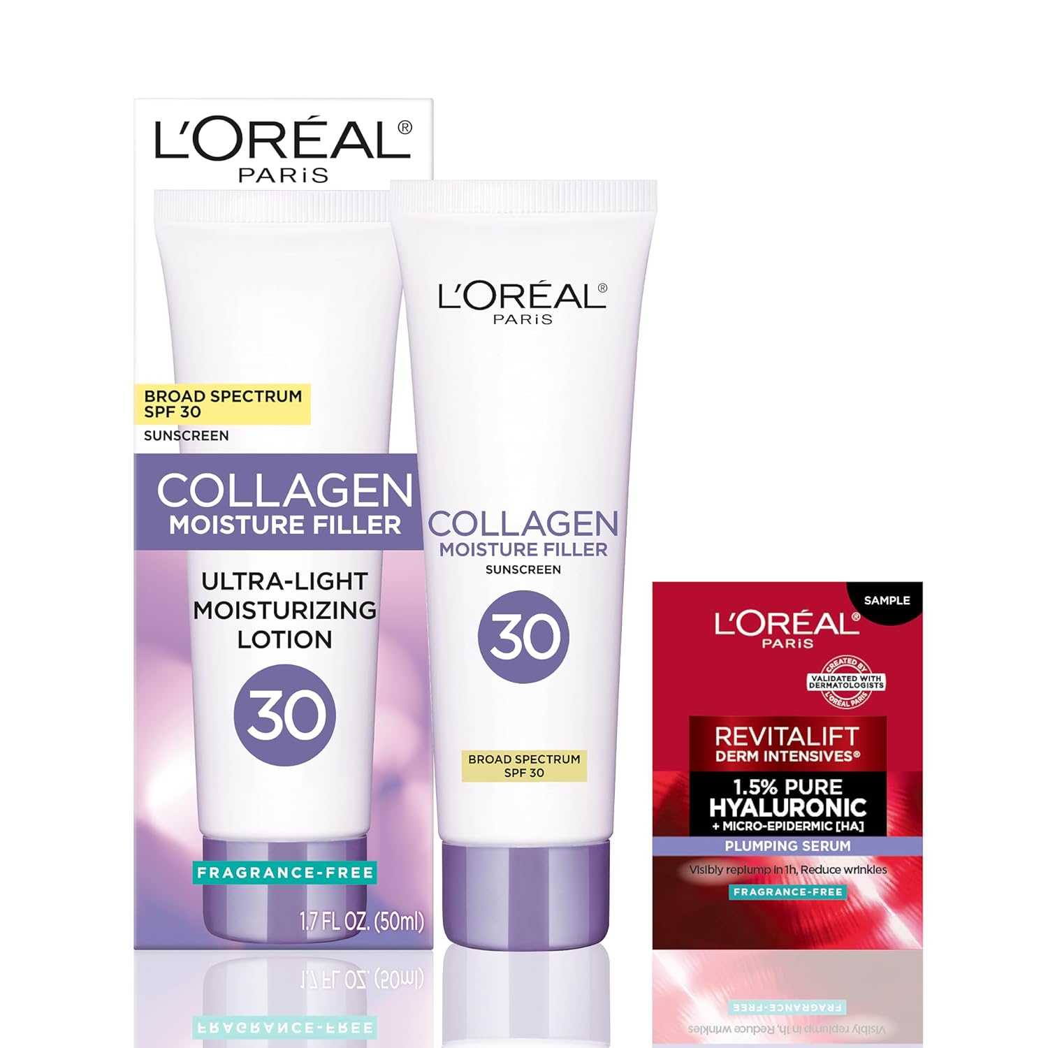 L'Oreal Paris Collagen Moisture Filler Face Cream with Broad Spectrum SPF 30, Anti-Aging Face Moisturizer and Daily Sunscreen For Face, Includes Face Serum Sample